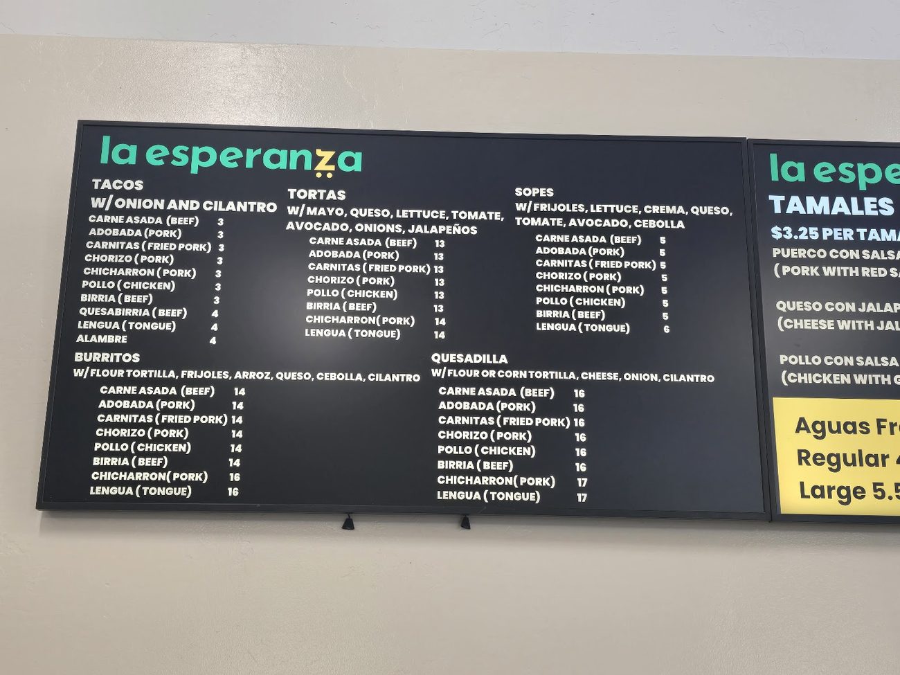 La Esperanza menu board